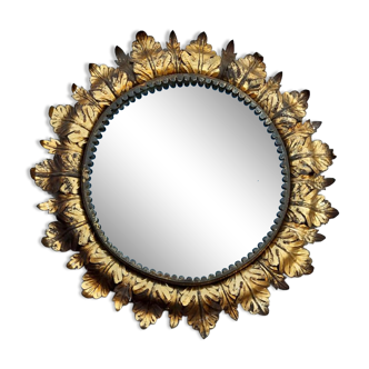 Mirror round vintage sun in gilded brass 1960 decoration leaves