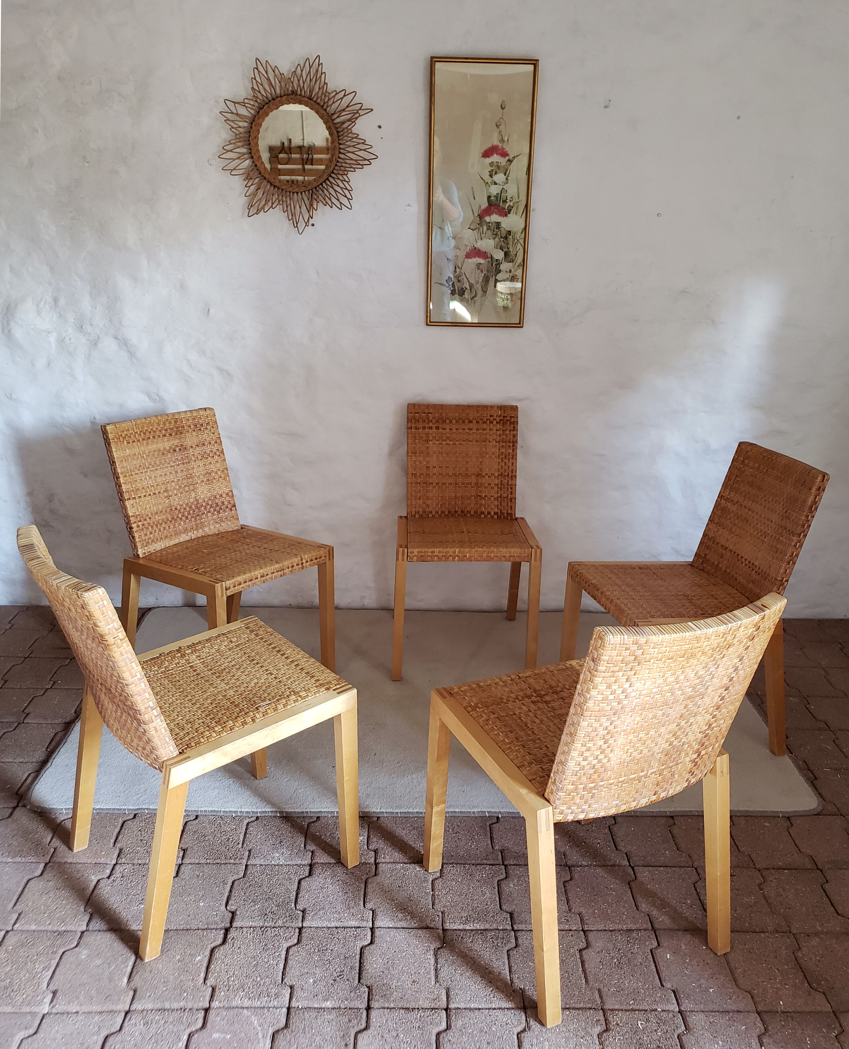 5 wooden and rattan chairs