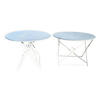 Pair of round folding iron garden tables