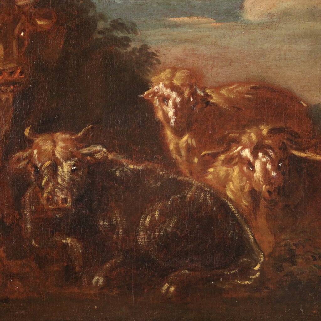 Italian painting from the 17th century, landscape with grazing animals