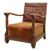 Fauteuil en chêne Art Déco avec dossier en cuir tissé et velours ocre, Belgique
