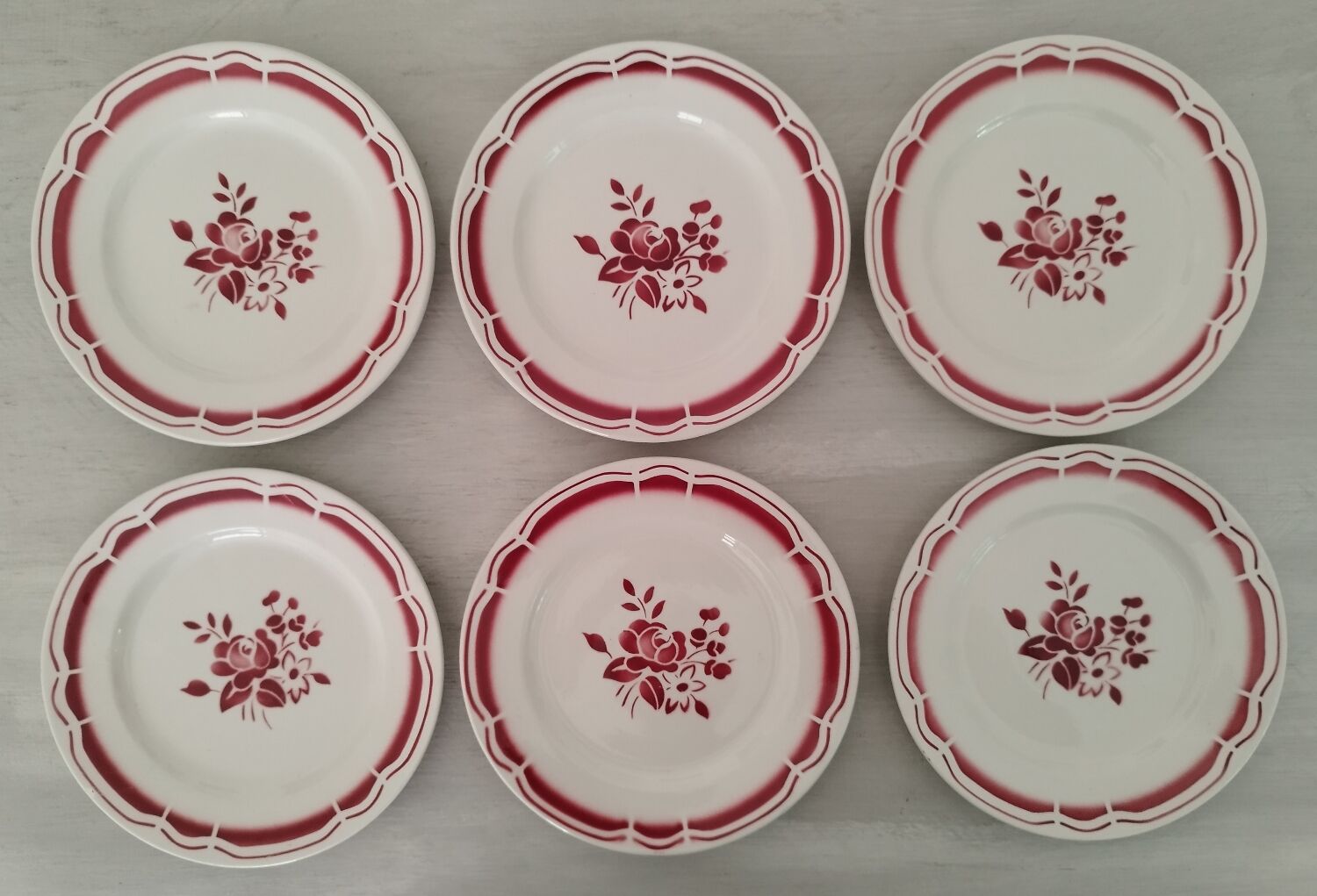 Service cake pie flat plates porcelain opaque badonviller rose bordeaux vintage