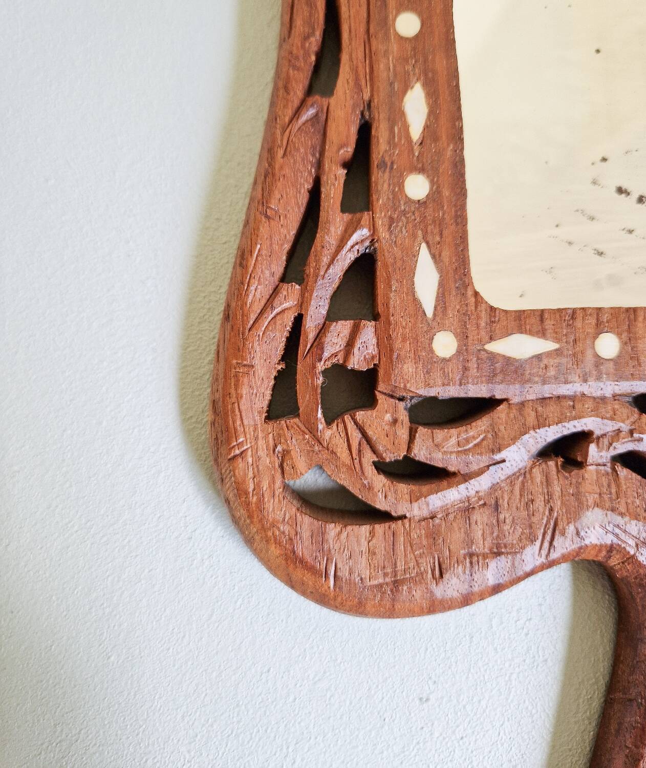 Vintage hand mirror in hand carved wood and bone inlay