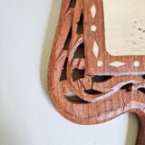 Miroir à main vintage en bois sculpté artisanal et incrustations os