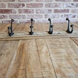 Solid teak coat hook with 4 double cast iron hooks