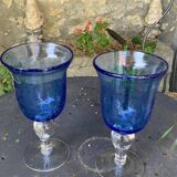 Two large wine glasses in blown and bubbled glass, duo line, vintage