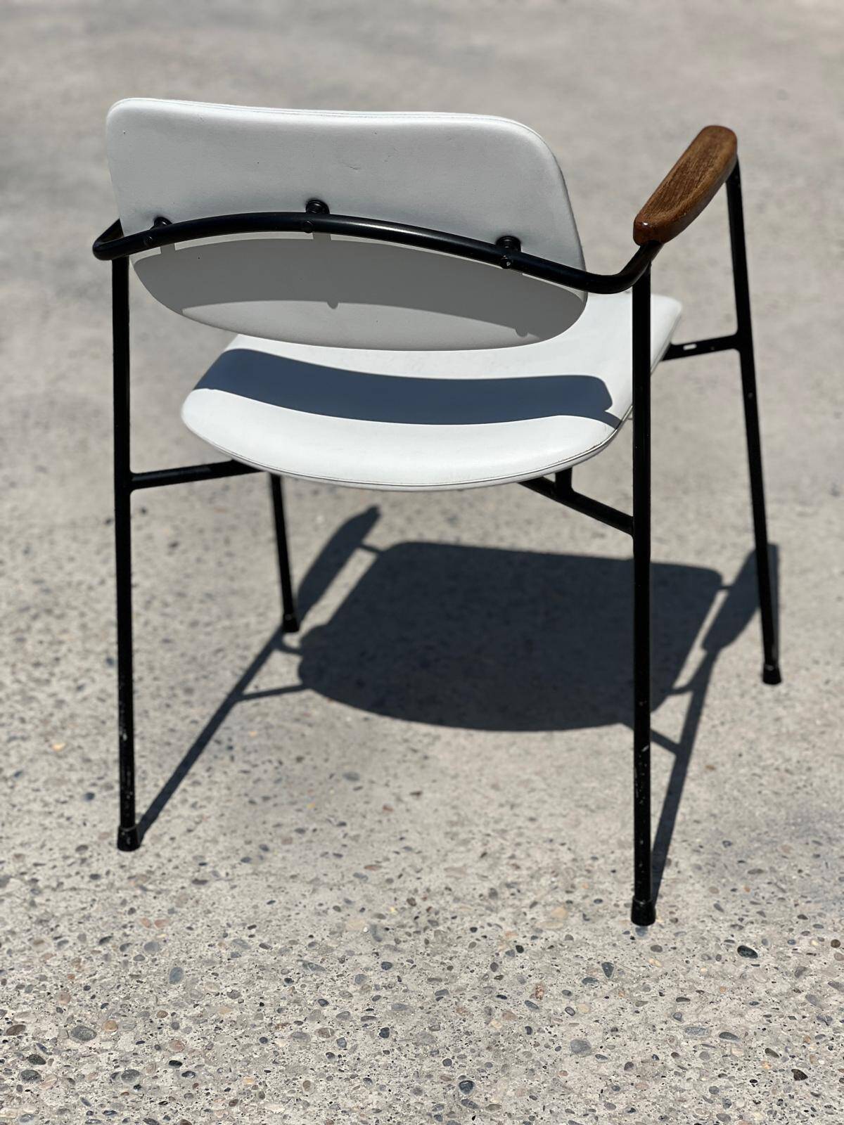 Vintage 1950s metal, oak and faux leather armchair