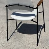 Vintage 1950s metal, oak and faux leather armchair