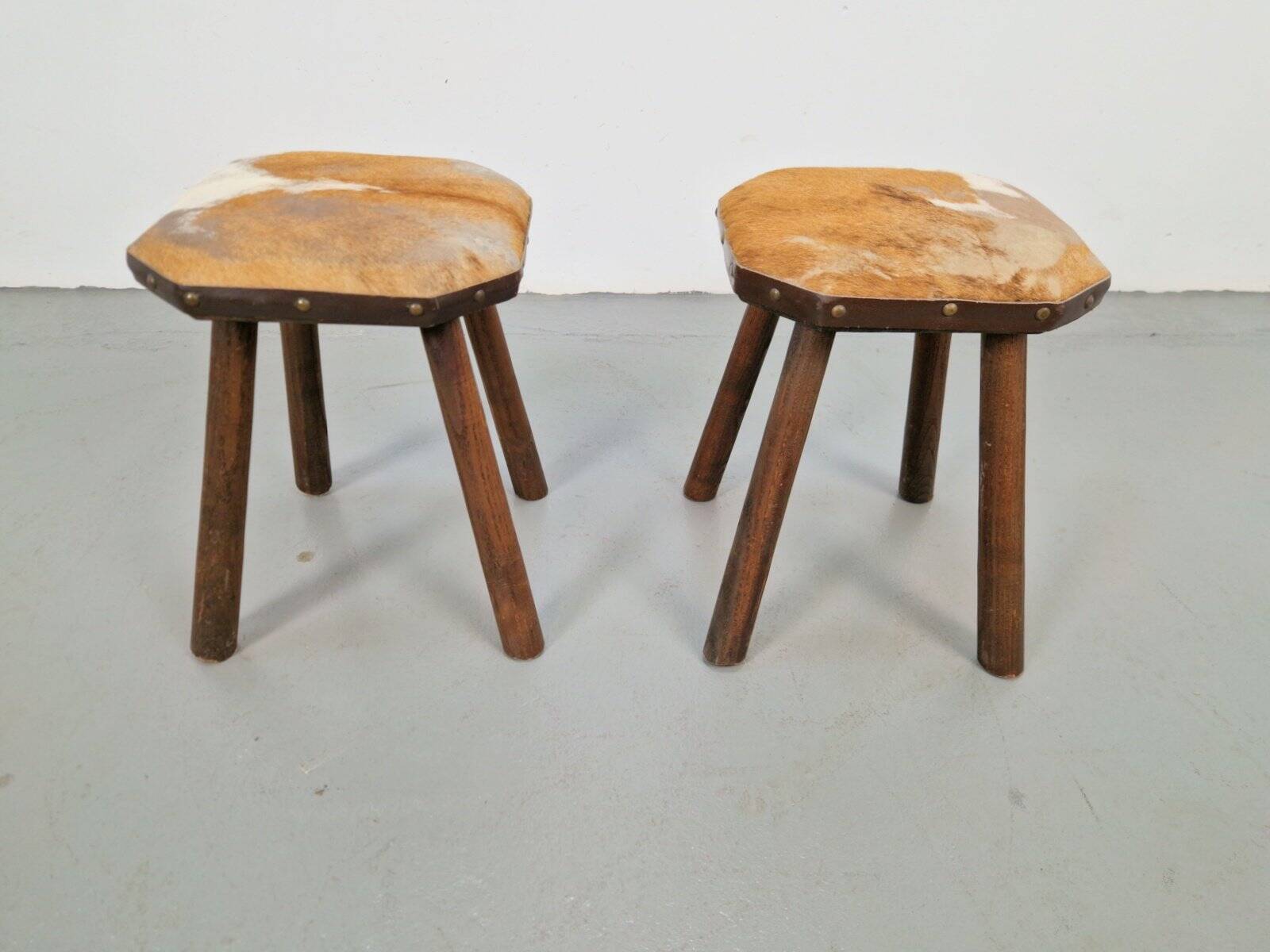 Vintage Milk Stools with Cowhide, 1950s, Set of 2