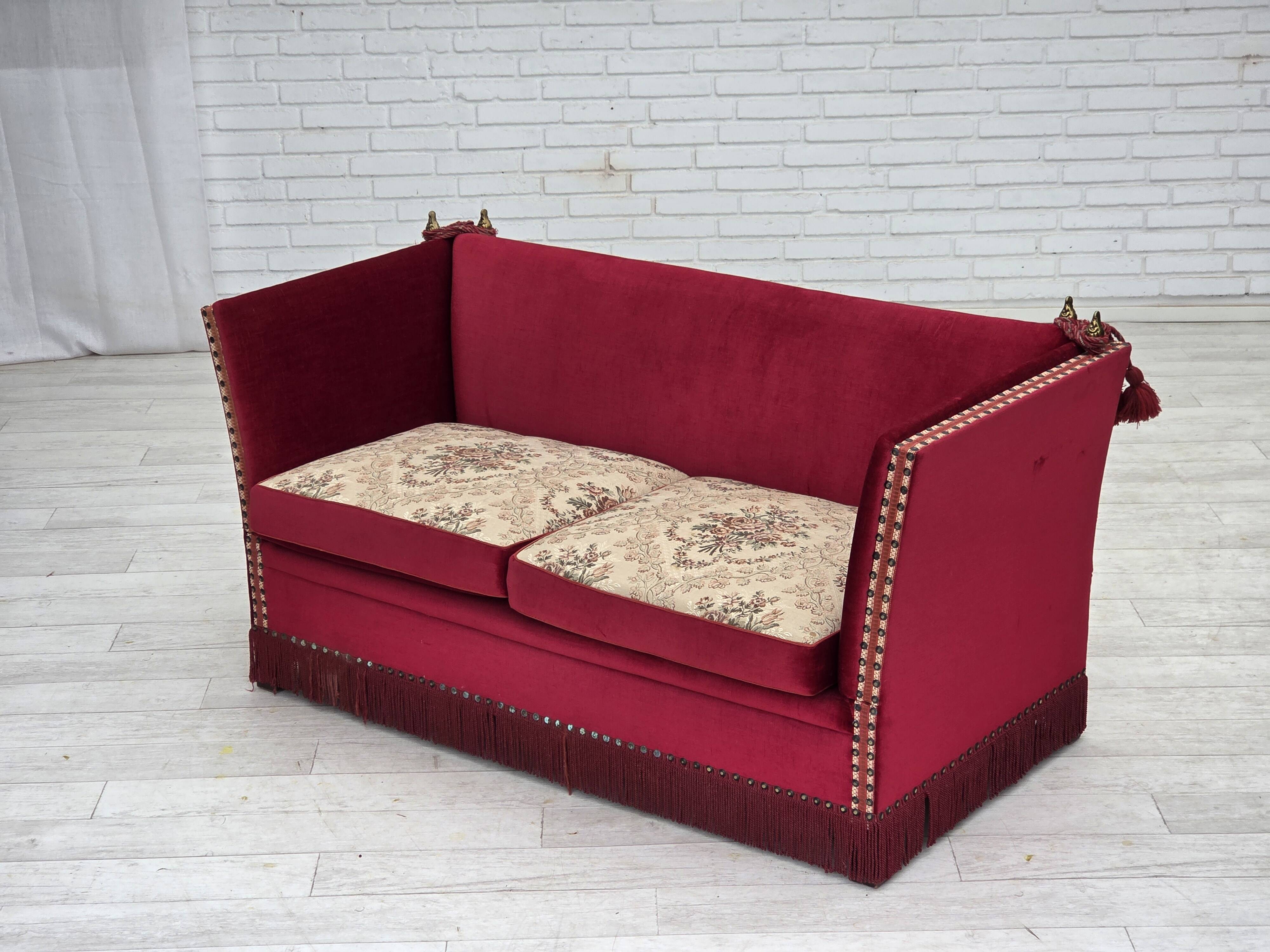 1970s, Danish "Spanish" sofa, furniture velour, ash wood legs.