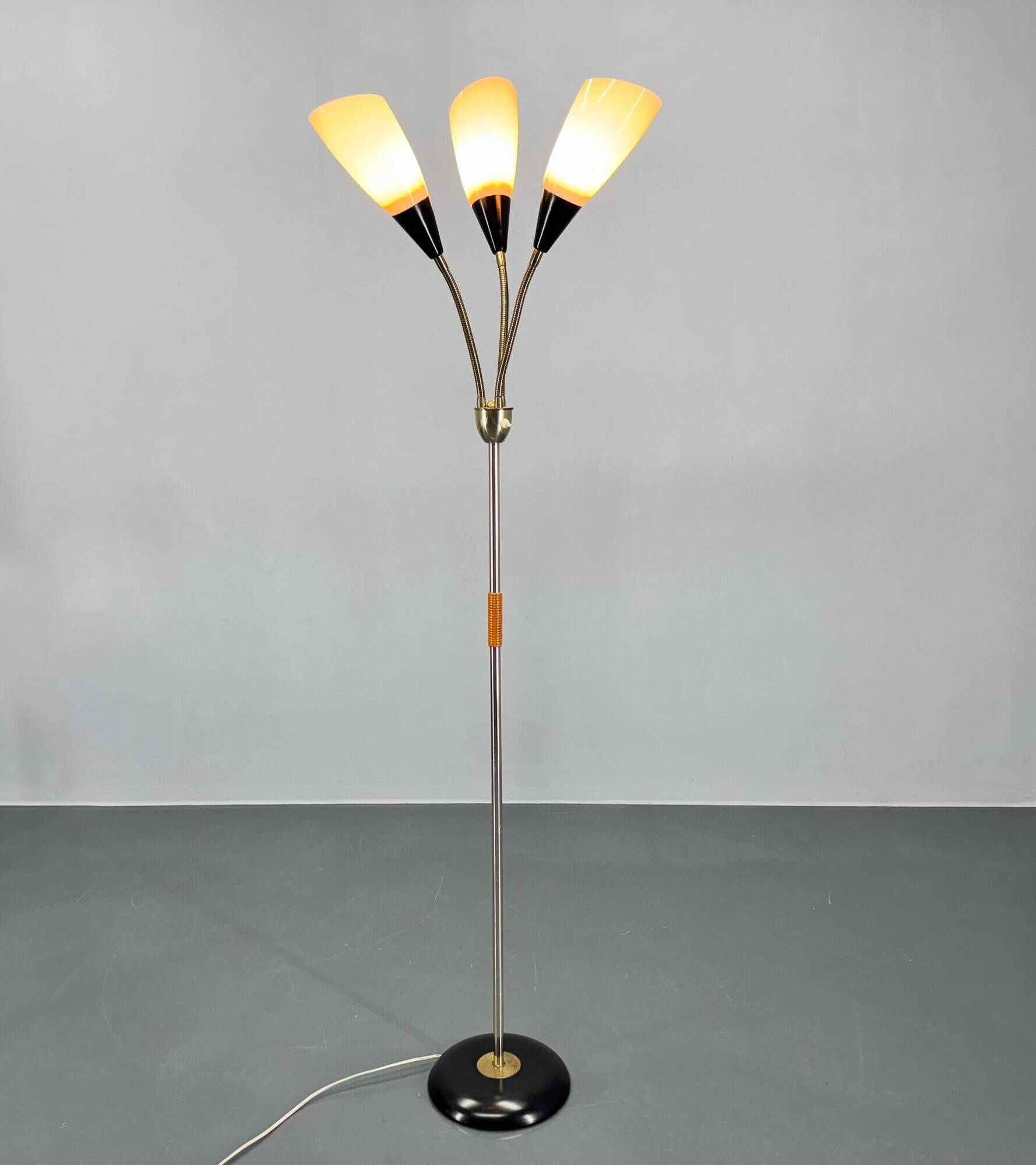 1950s Brass & Glass Adjustable Floor Lamp with Wooden Detail