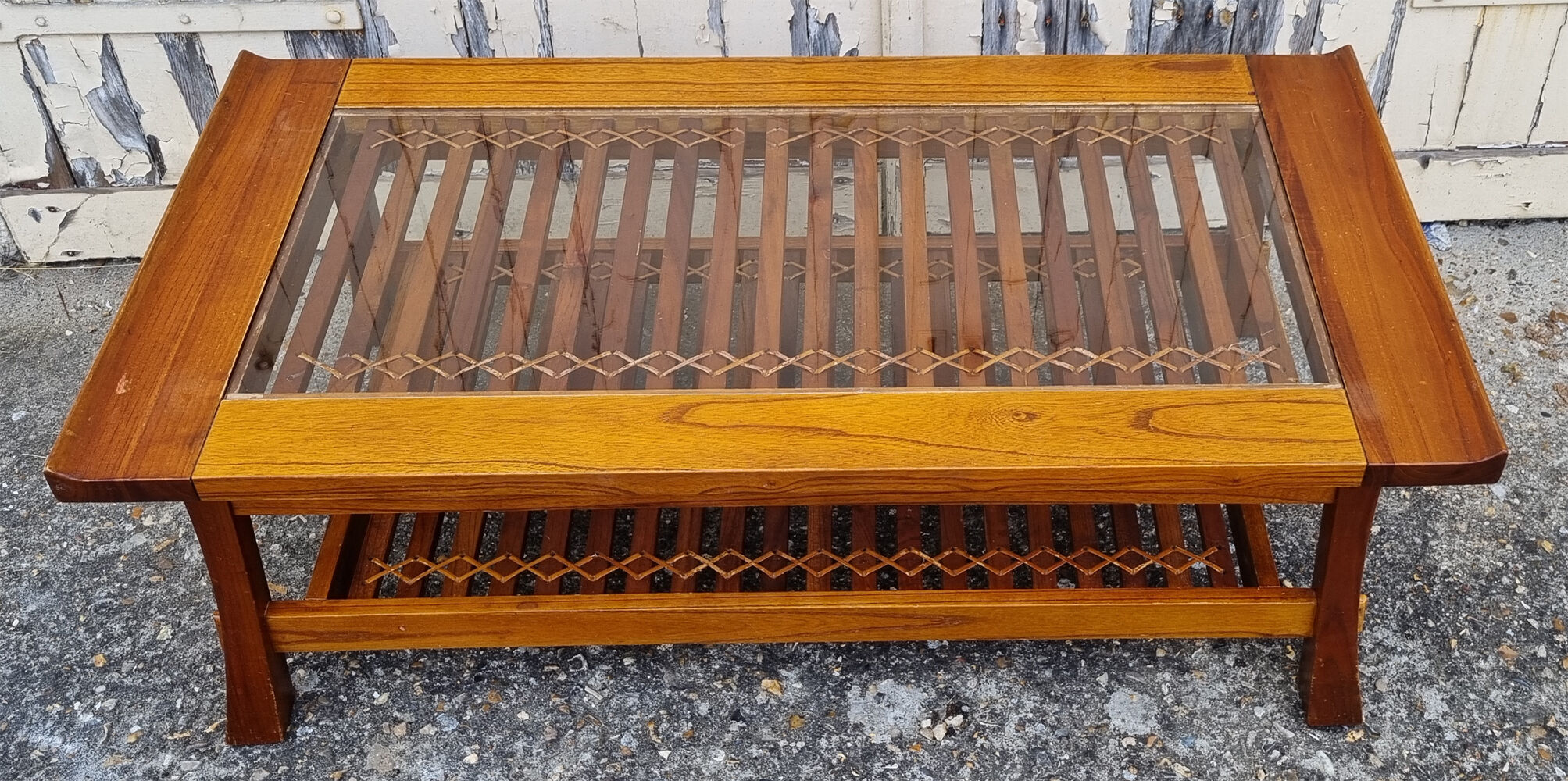 Coffee table, exotic wood, glass and rattan, vintage