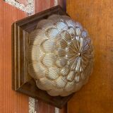 Antique Ceiling Light Wall Lamp Molded Glass + Wooden Support 70s Vintage