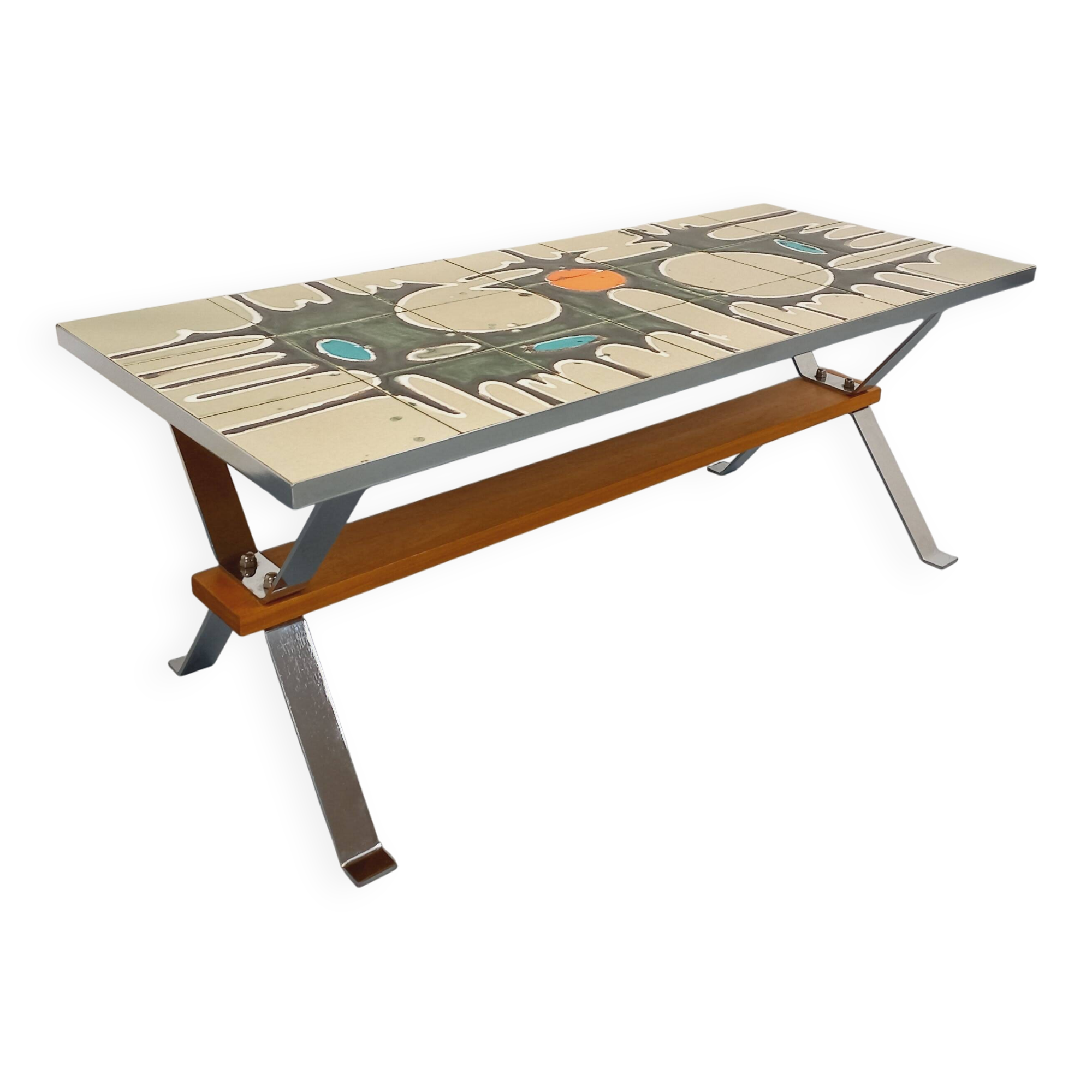 Vintage coffee table from the 60s and 70s in ceramic, chrome metal, and wood.