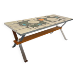 Vintage coffee table from the 60s and 70s in ceramic, chrome metal, and wood.