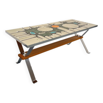 Vintage coffee table from the 60s and 70s in ceramic, chrome metal, and wood.