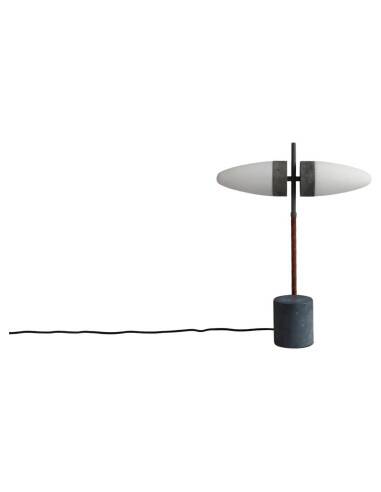 Table lamp in oxidized metal and opaline glass, contemporary work.