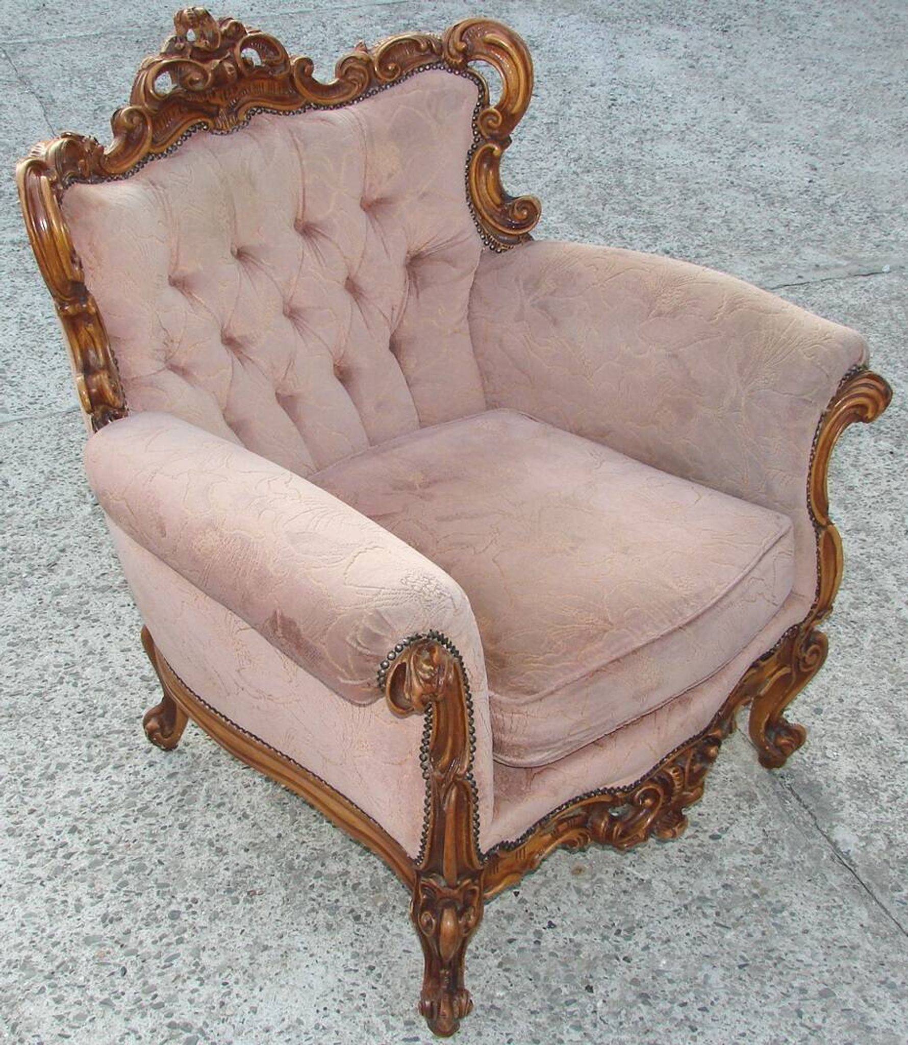 Vintage French armchair, 1960s, carved wood, springs