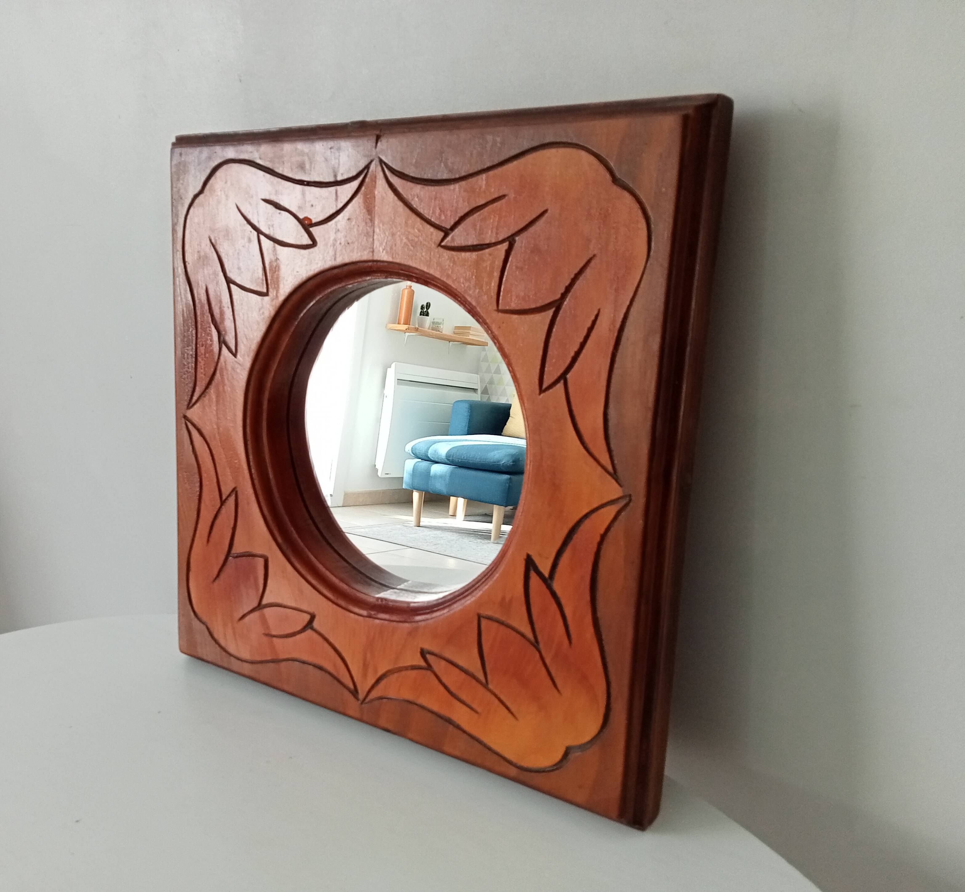 Vintage mirror in carved solid wood, 35 cm