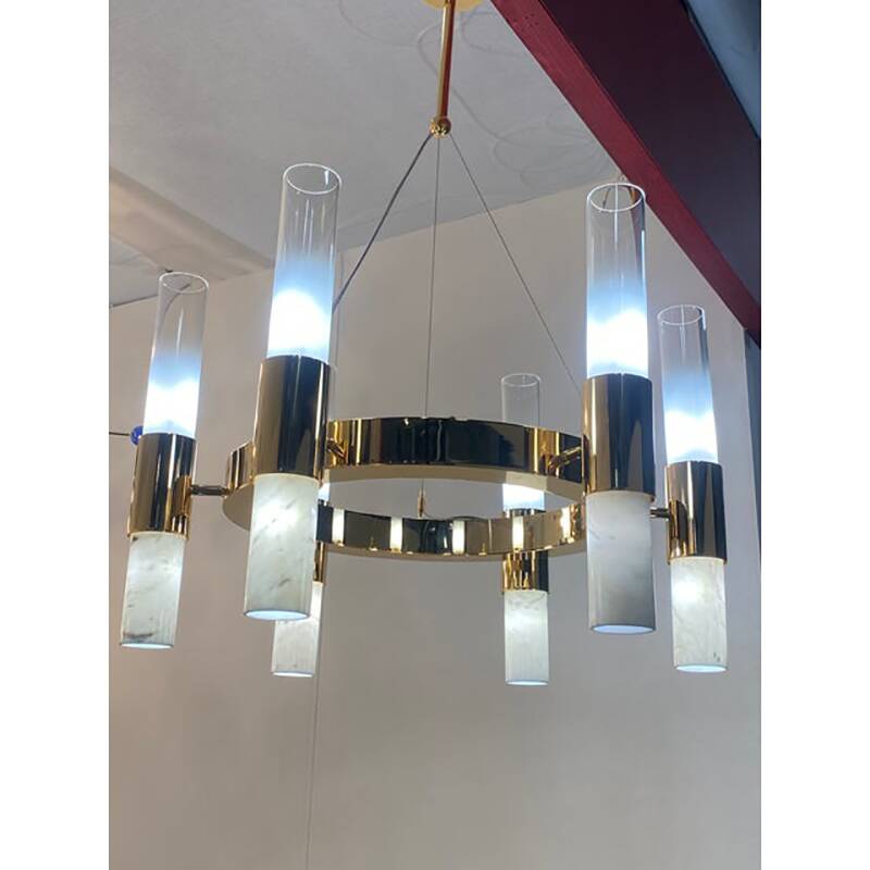 Contemporary Gold Ring Chandelier With Gradient White and Carrara Marble Glasses by Simoeng