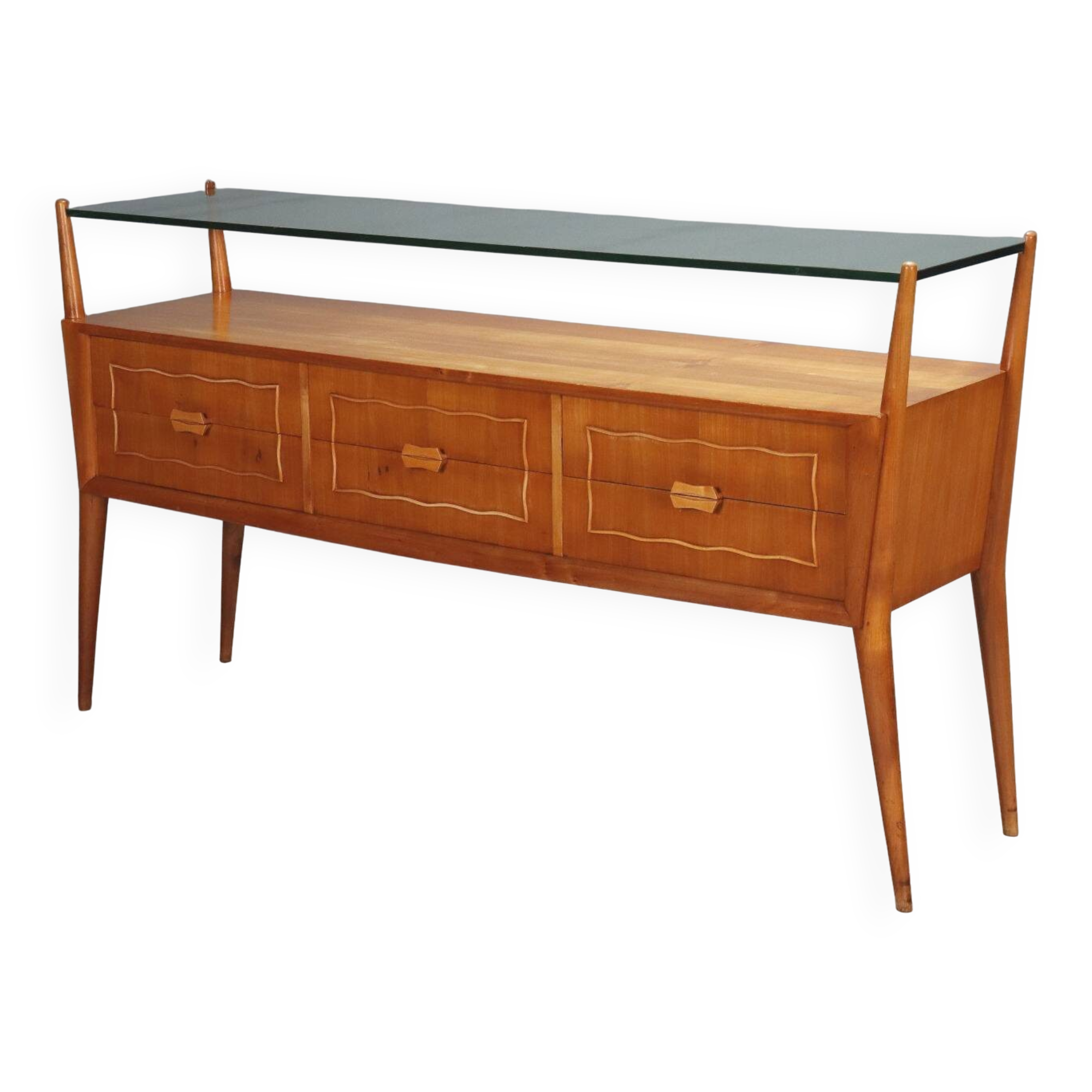 Vintage design chest of drawers veneered in cherry wood, 6 drawers, original from the 1950s