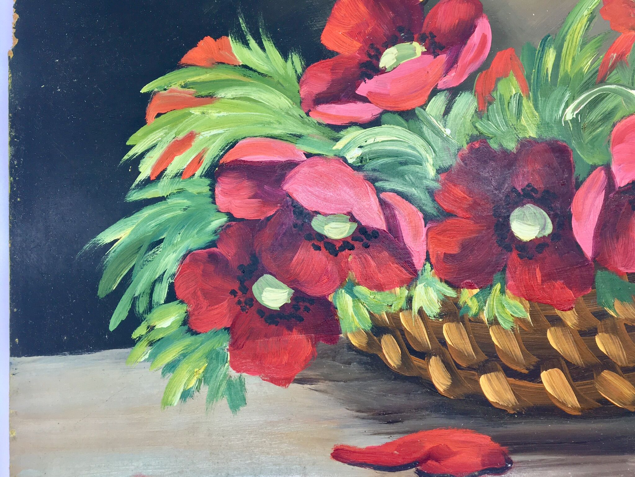 Still life painting with a basket of flowers from the 70s