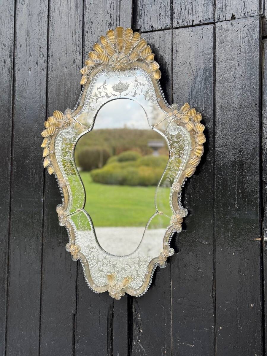 Venetian Murano Glass Mirror, Gilded with Fine Gold, Engraved Mirror, Circa 1950