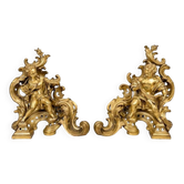 Pair of gilded bronze fire dogs Louis XV, musician putti
