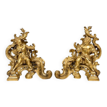 Pair of gilded bronze fire dogs Louis XV, musician putti