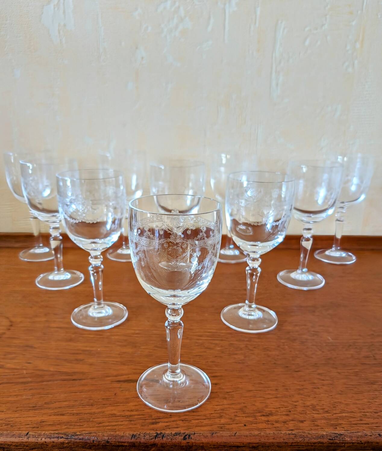 Antique engraved crystal glasses Dampierre model