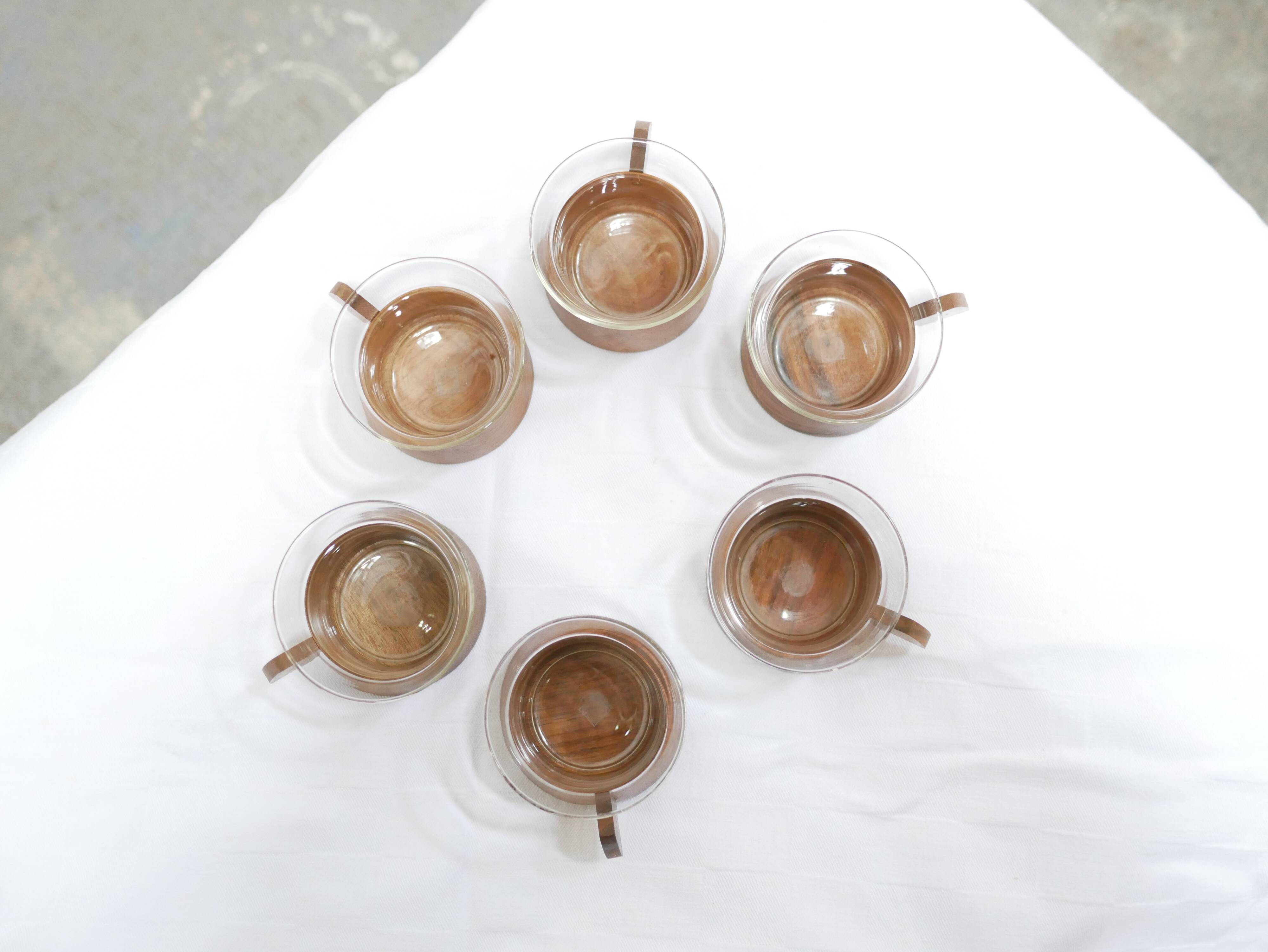 Series of 6 vintage Scandinavian cups in Schott & Gen Mainz teak and glass