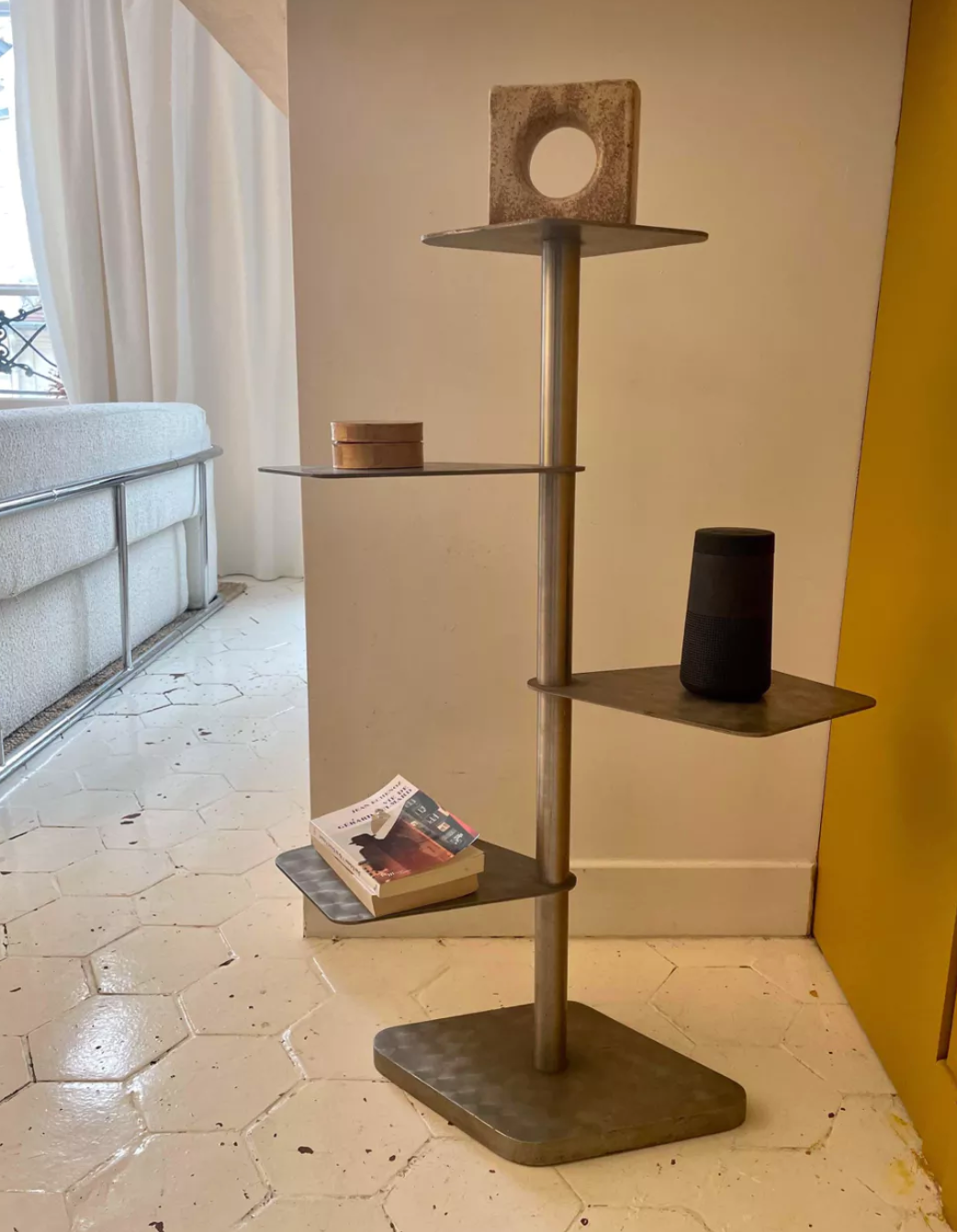 Modernist vintage side table, brushed chrome metal, France 1970