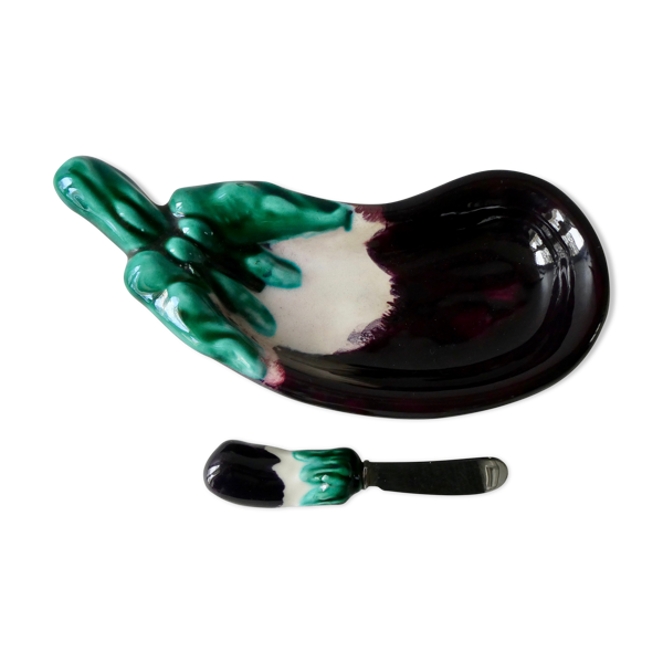 Beurrier en barbotine, aubergine, A. Ferlay Vallauris