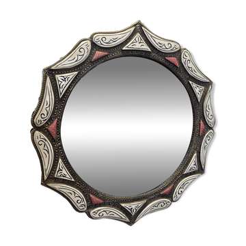 Miroir marocain vintage en laiton et os, années 1980