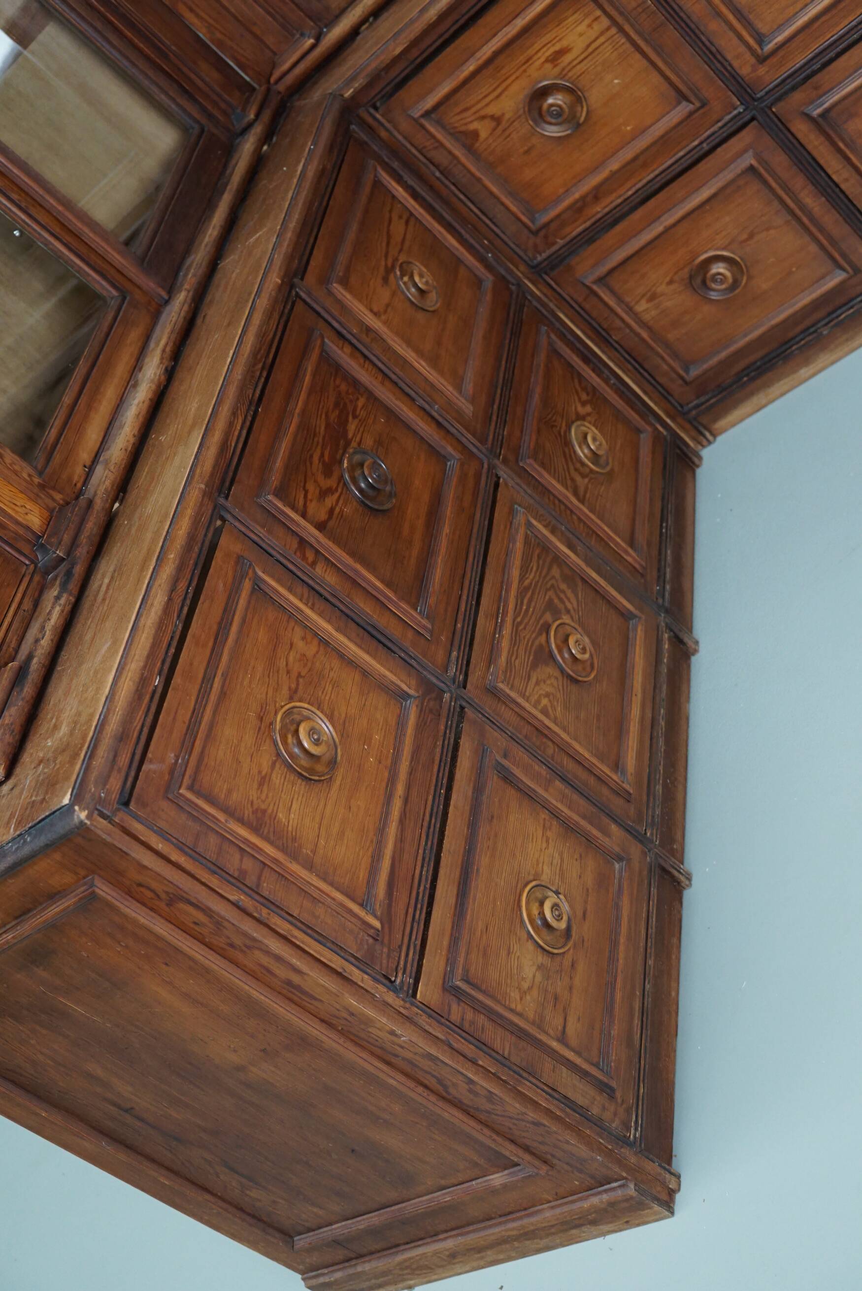Large Antique German Pitch Pine Corner Apothecary Cabinet / Vitrine ca 1900s