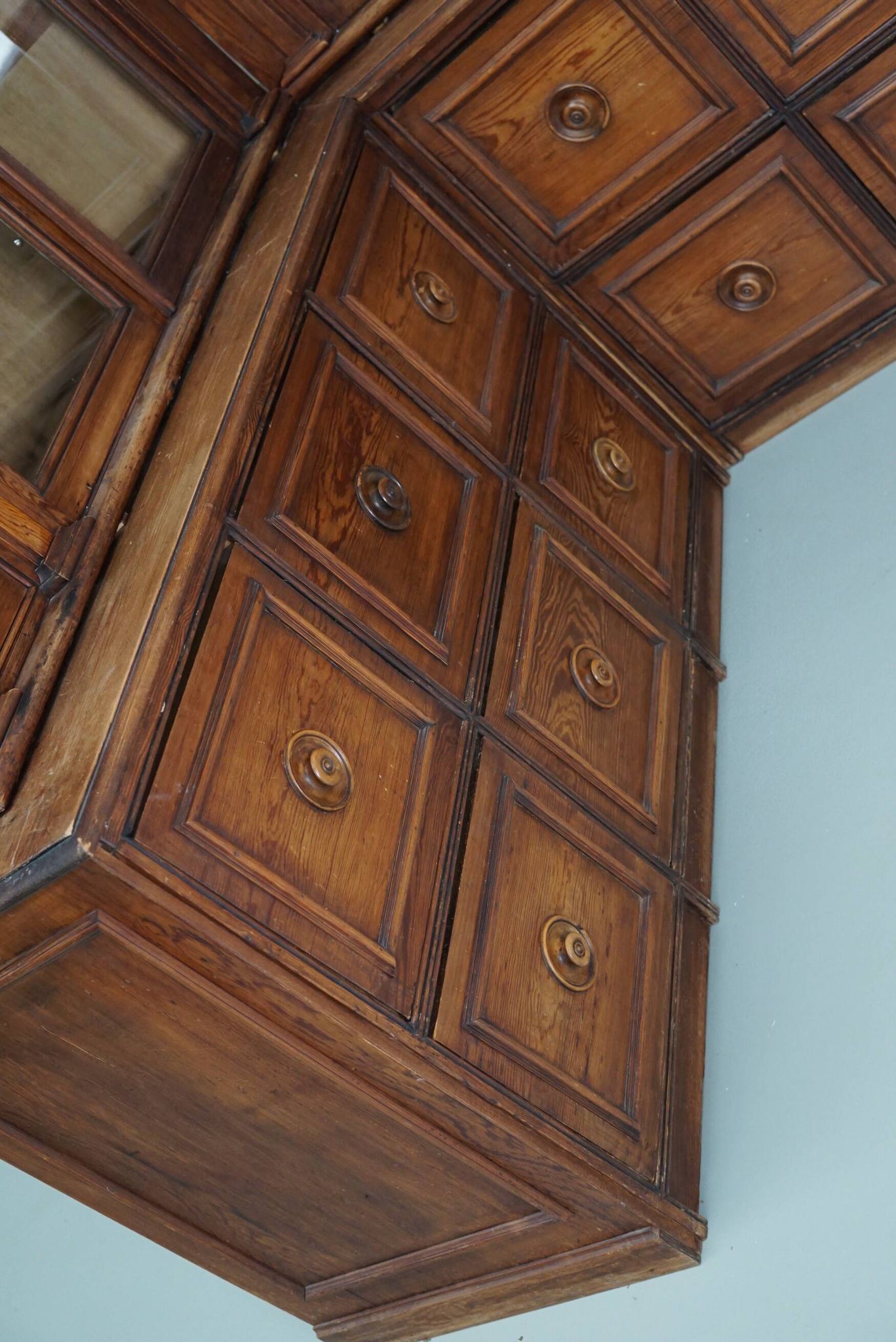 Large Antique German Pitch Pine Corner Apothecary Cabinet / Vitrine ca 1900s