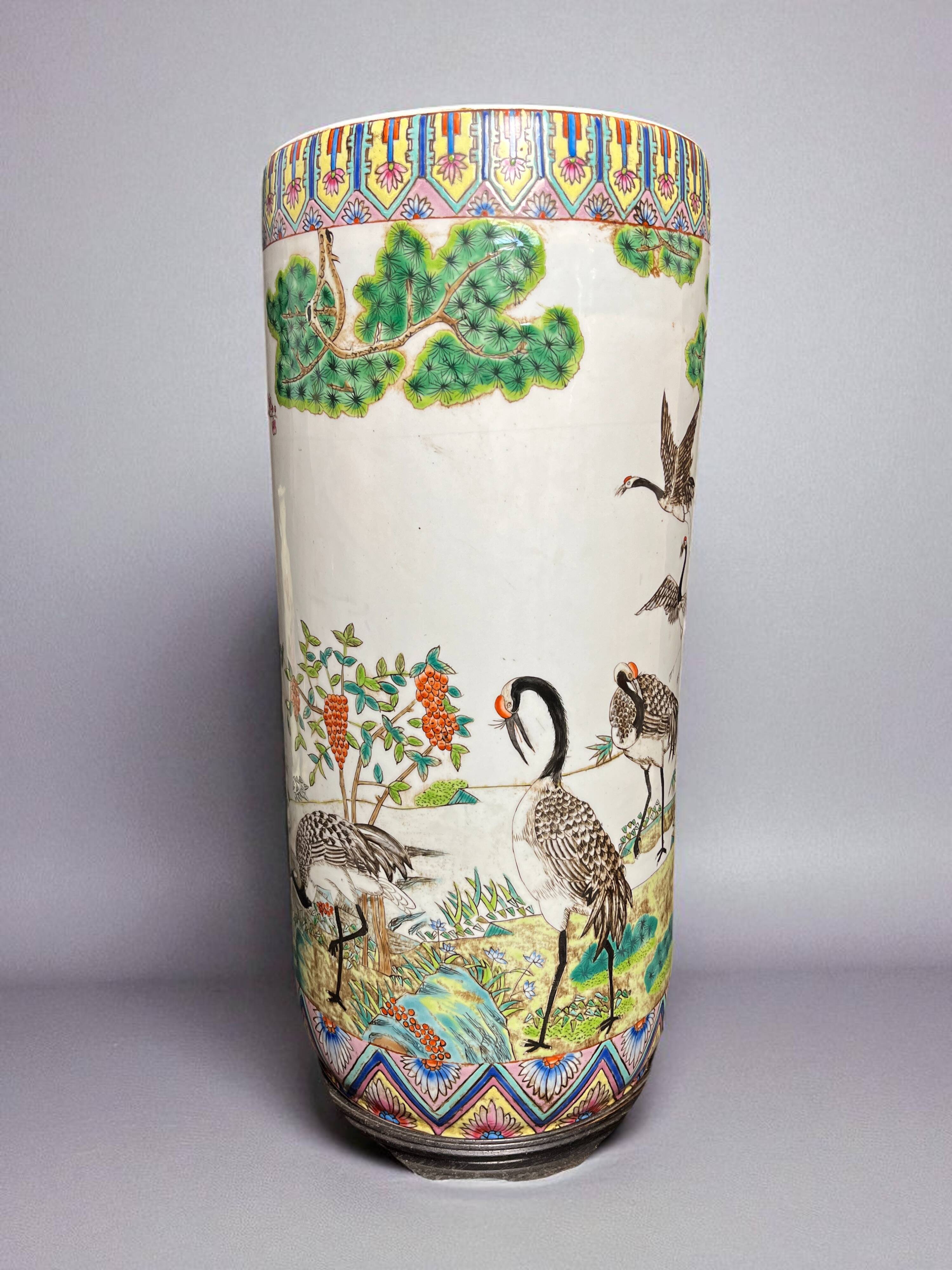 China, Important porcelain scroll vase decorated with cranes and flora, 19th century