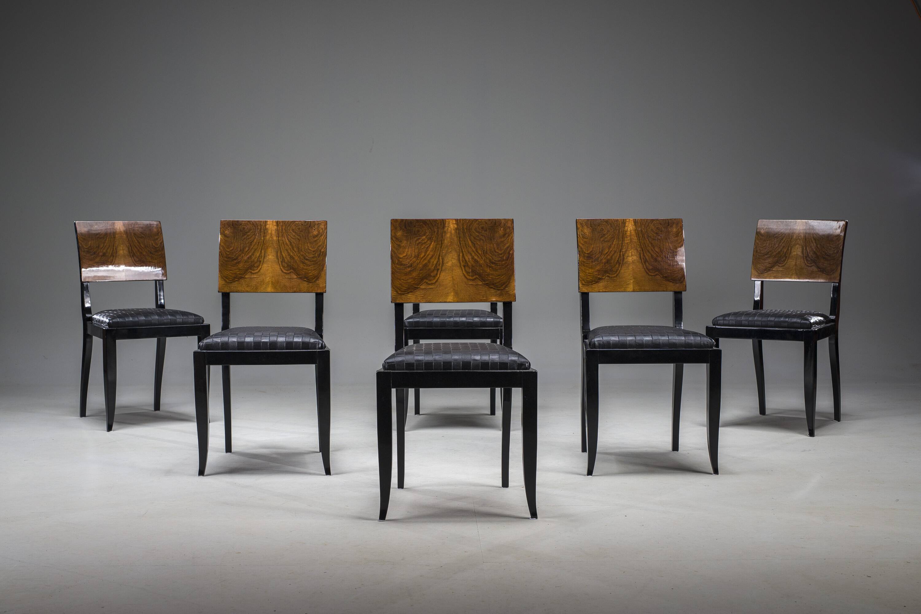 Art Deco French Walnut & Burl Dining Set, 1930s, Set of 7