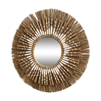 Mirror sun raffia rattan and macramé white 40cm
