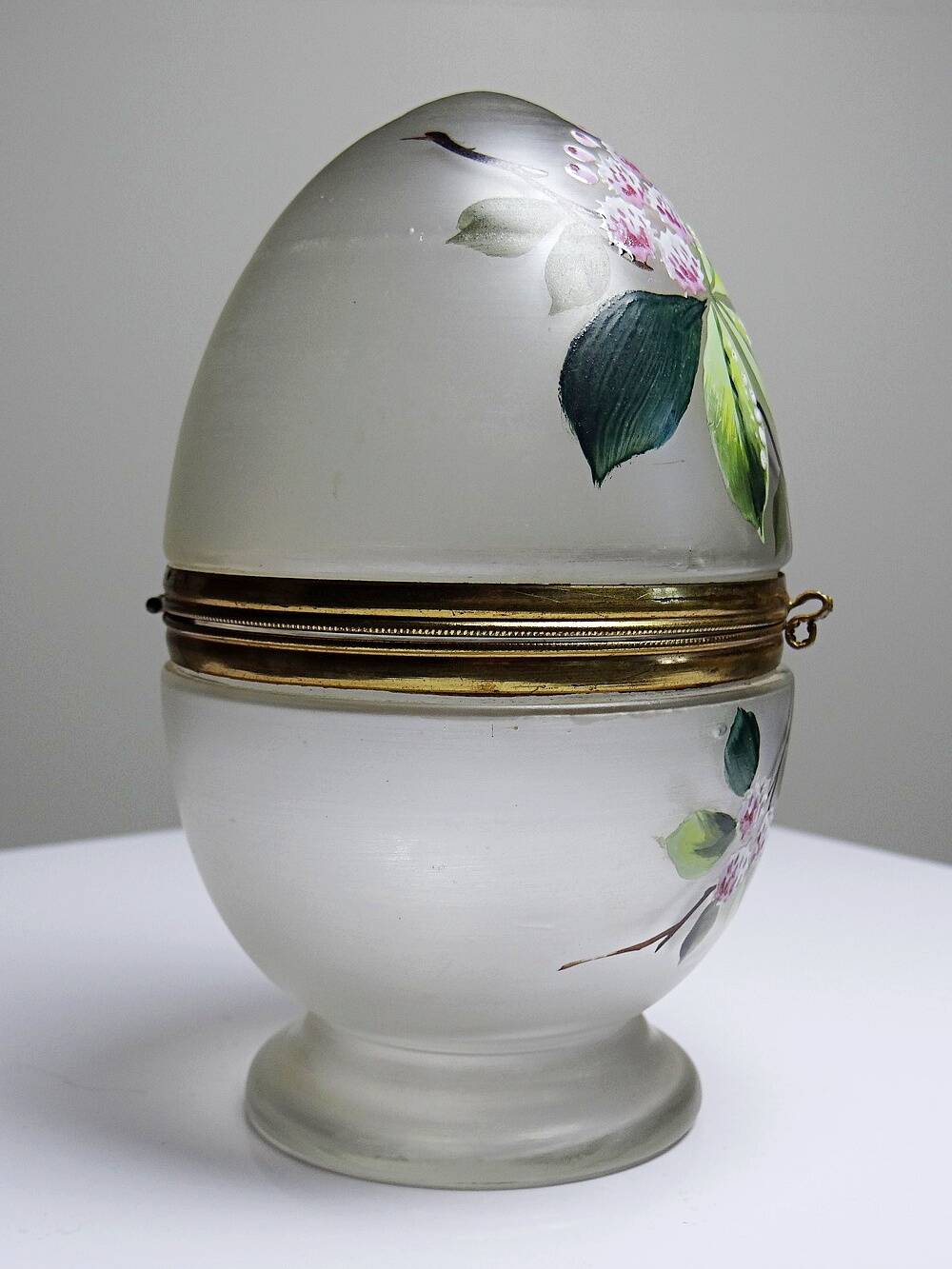 Antique 19th-20th century frosted enamelled glass and brass egg box