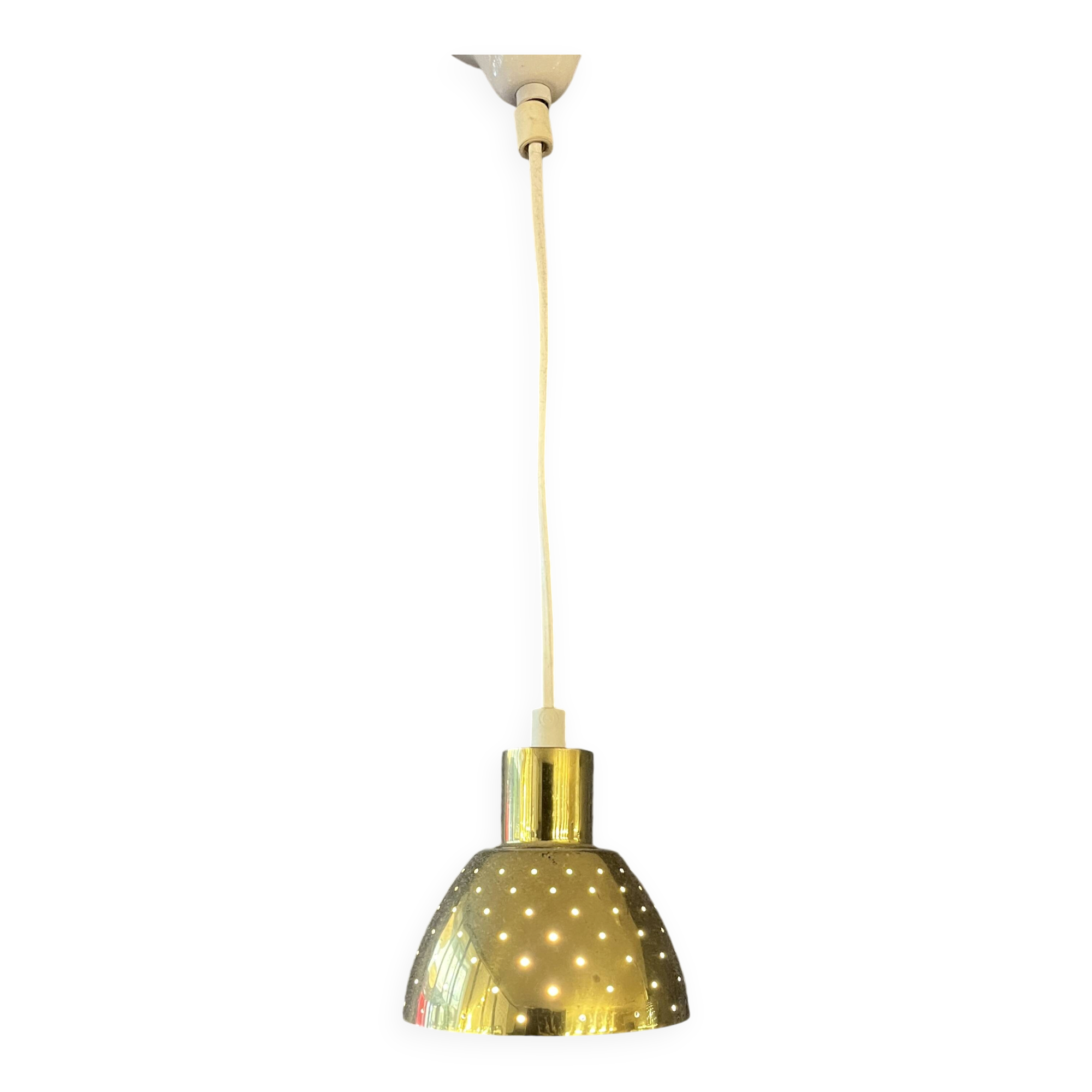 Pair of vintage 1970s gold perforated metal pendant lights. 6 lots.