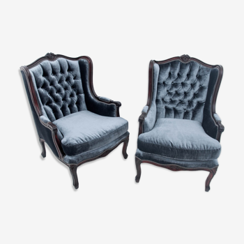 Paire de fauteuils anciens bleus, France, vers 1920