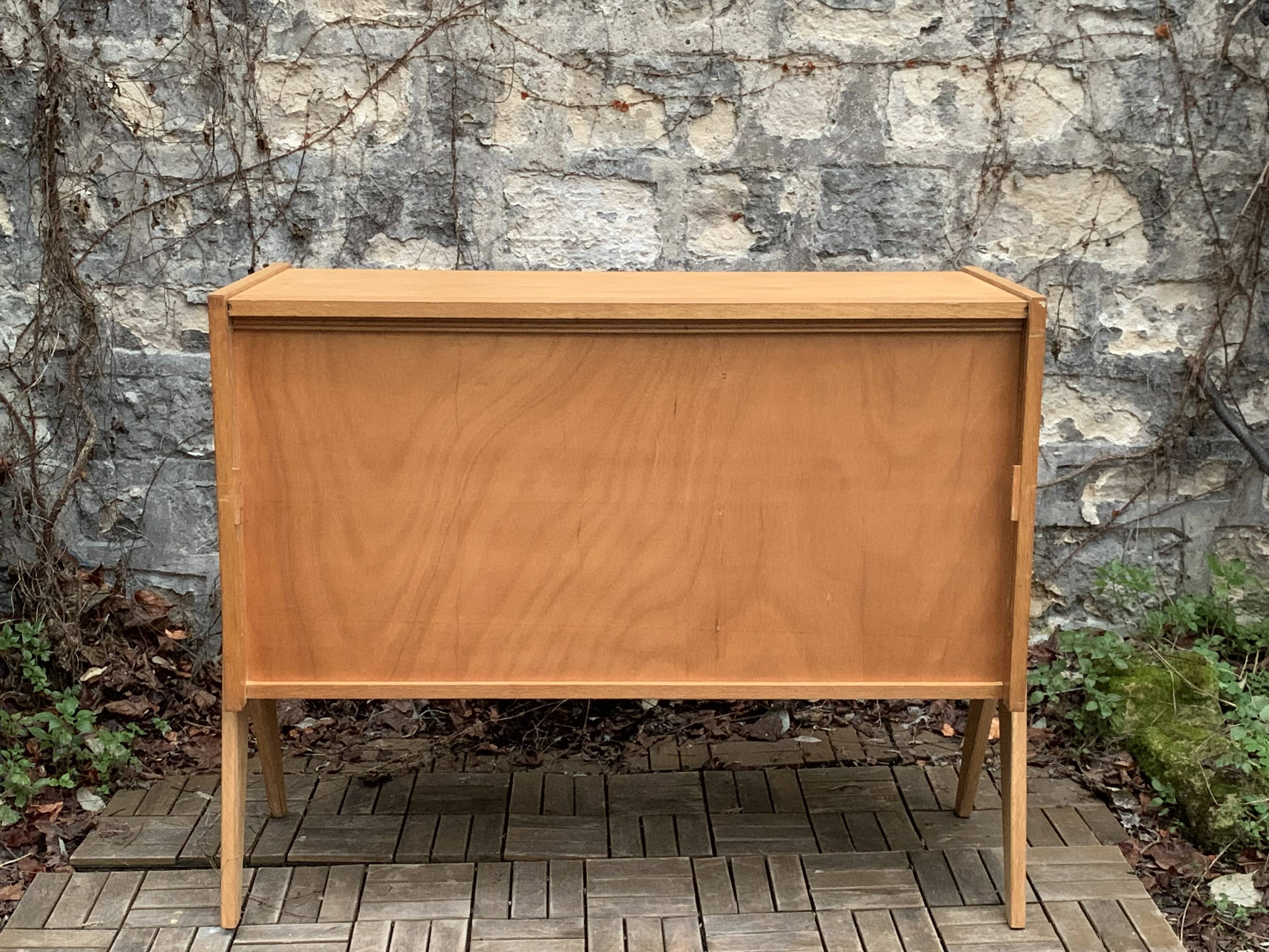 Vintage chest of drawers with compass legs, light oak, 1960s