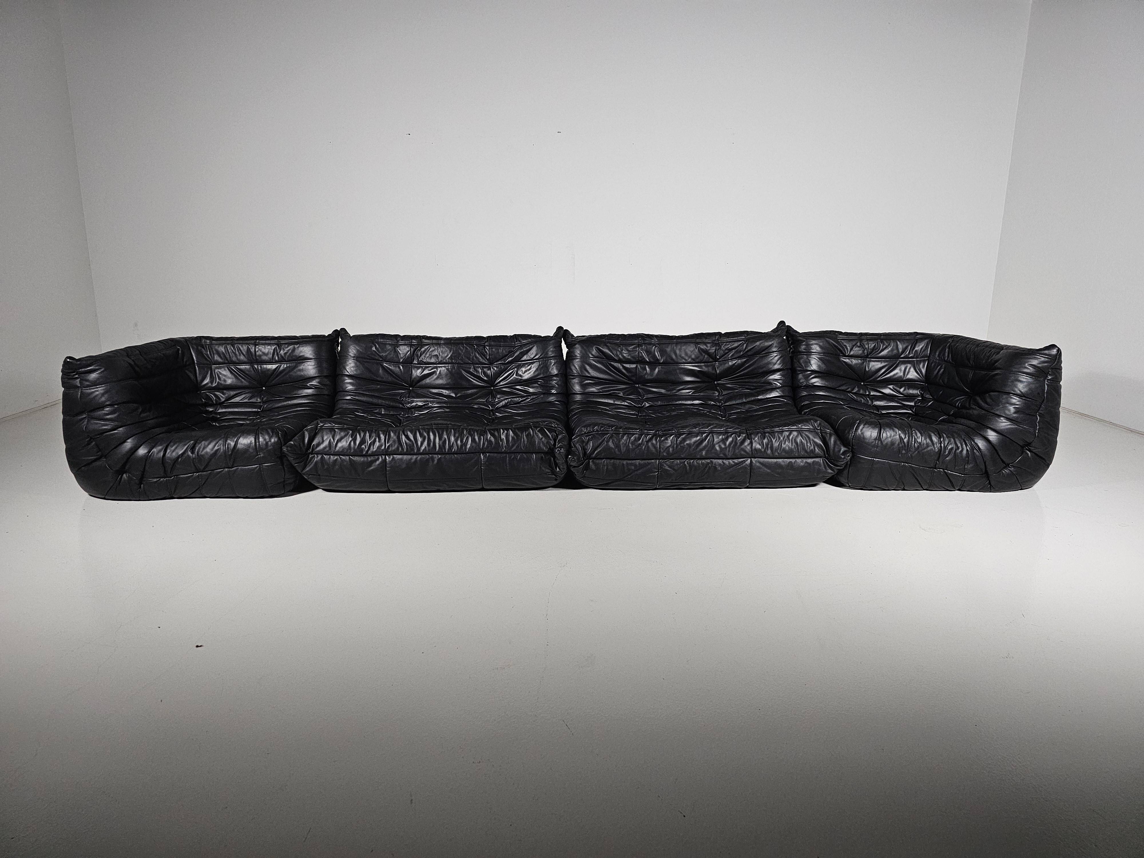 Togo black leather sofa, original, Michel Ducaroy, Ligne Roset, 1980