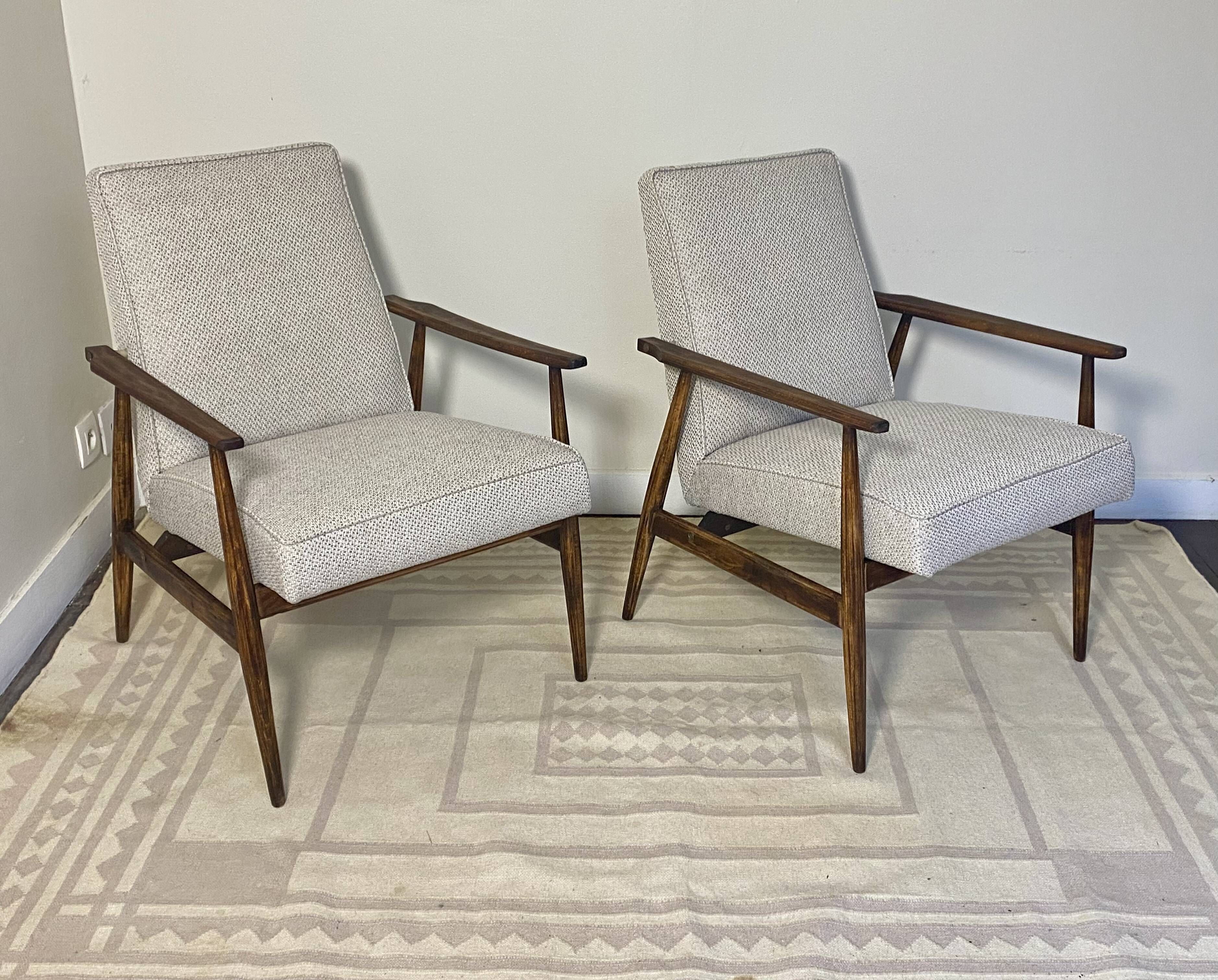 Pair of Henryk Lis 300-190 armchairs in mottled blue-grey fabric, 1970s