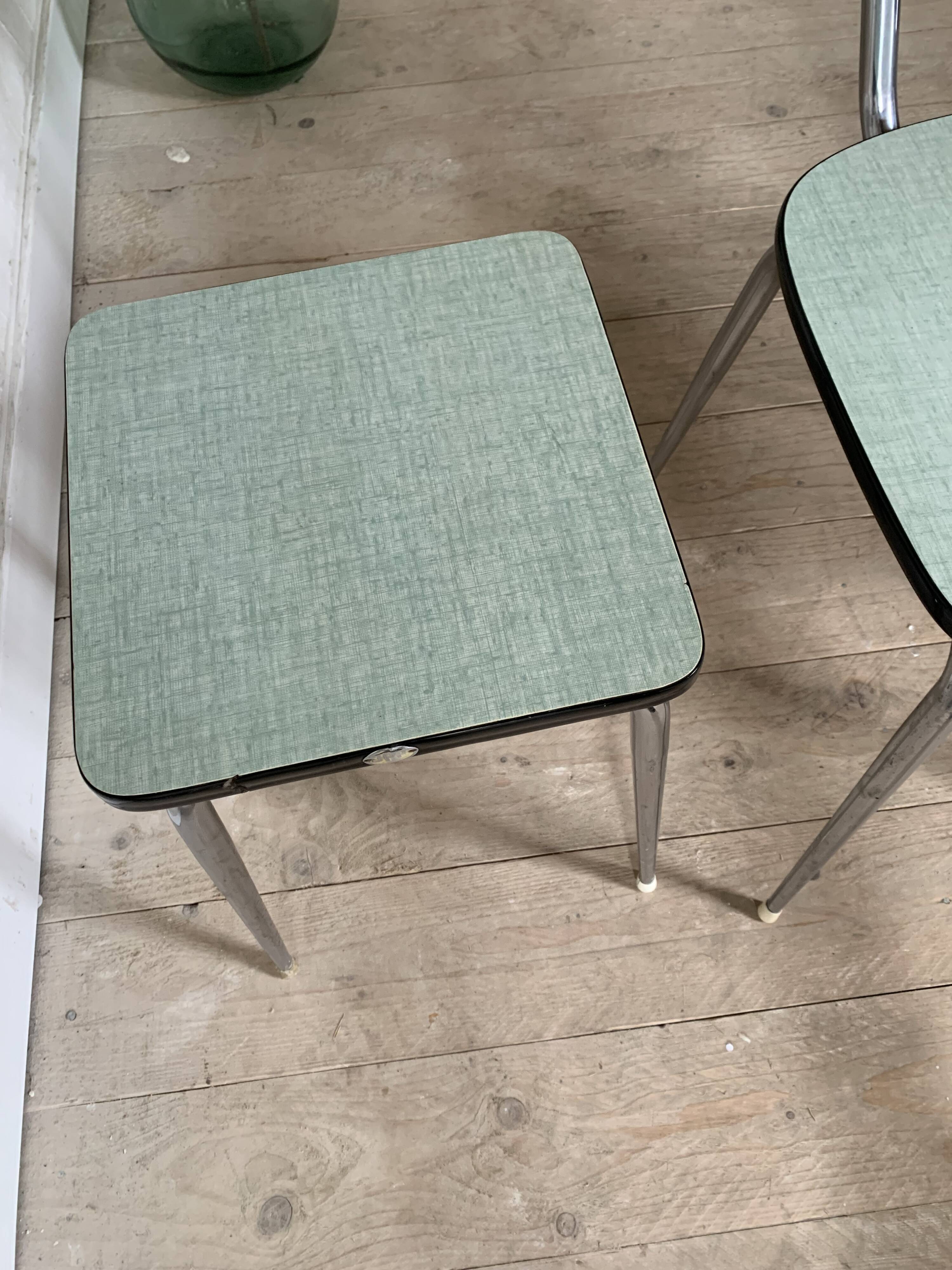 Almond green Formica chairs and stool