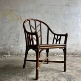 Rare McGuire 1970s dark brown rattan armchairs — set of 6, bamboo bindings, mid-century boho
