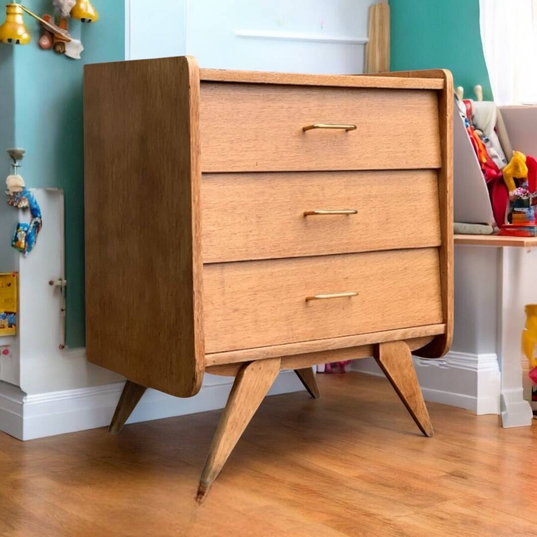 Vintage chest of drawers with compass feet, raw oak, 1960