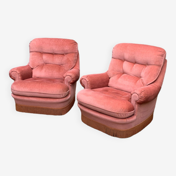 Pair of armchairs toad velvet padded pink 1970