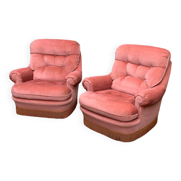 Paire de fauteuils crapaud velours capitonné rose 1970